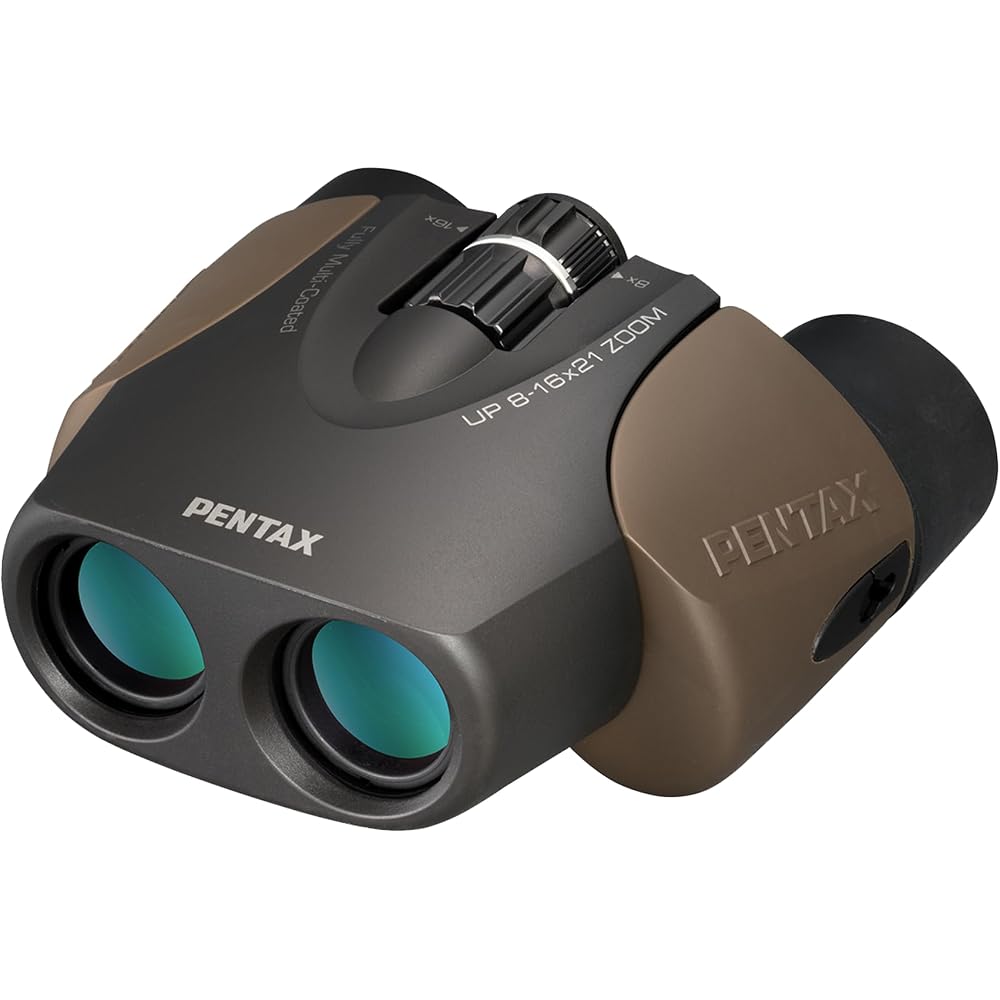 PENTAX UP 8-16×21 Binoculars, Brown. Ideal for live concerts, sporting events, birdwatching, and fan activities. Features 8x to 16x zoom, high-quality