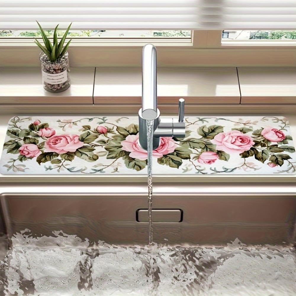 Beautiful Rose Sink Splash-Proof Faucet Mat Kitchen Water-Absorbing Table Mat Countertop Waterproof Protective Mat Bathroom Mat
