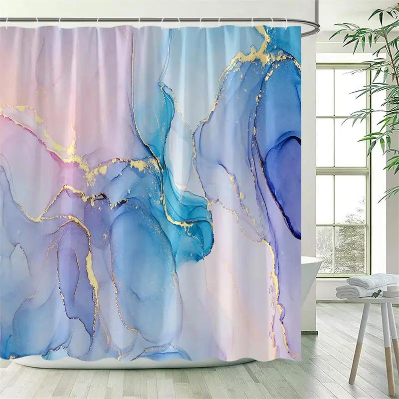 Abstract Marble Shower Curtains Black Green Textured Gold Crackle Modern Geometric Pattern Bathroom Curtain Decor Set with Hooks