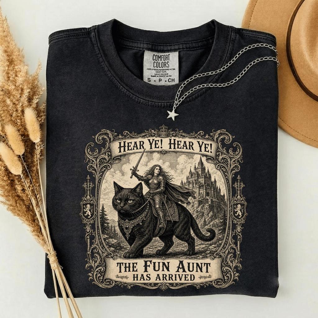 Fun Aunt Knight Riding Black Cat Shirt, Hear Ye Fun Aunt Has Arrived Tee, Funny Auntie Cat T-Shirt, Comfort Colors Aunt Gift, Retro Humor