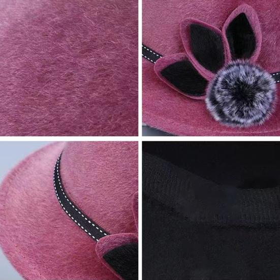 Lady Hat Elegant Wide Brim Keep Warm Solid Color Winter Autumn Ladies Dome Hat with Flower for Daily Wear