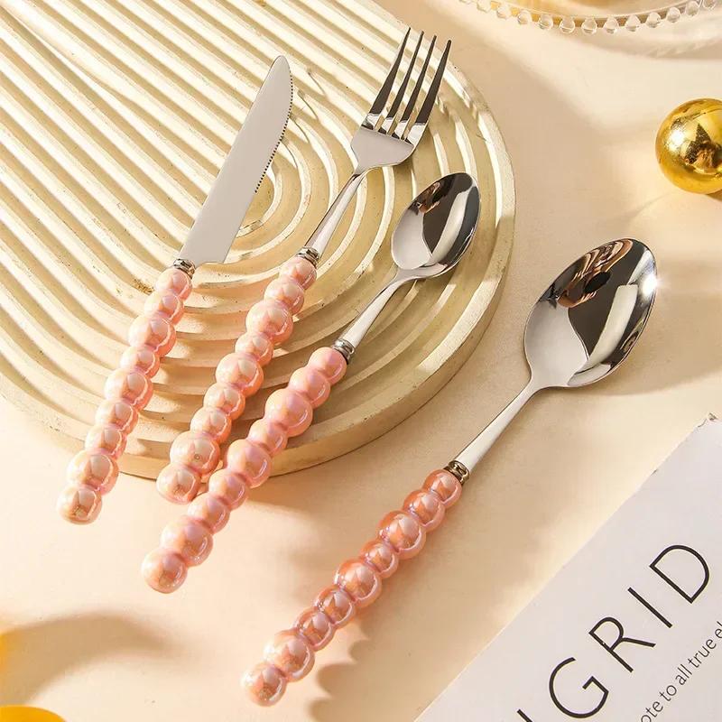 Set of 4 Ceramic Pearl Handle Cutlery Set Knife Fork Spoon Creative Cute Soup Spoon Western Food Steak Knife Spoon and Fork Set