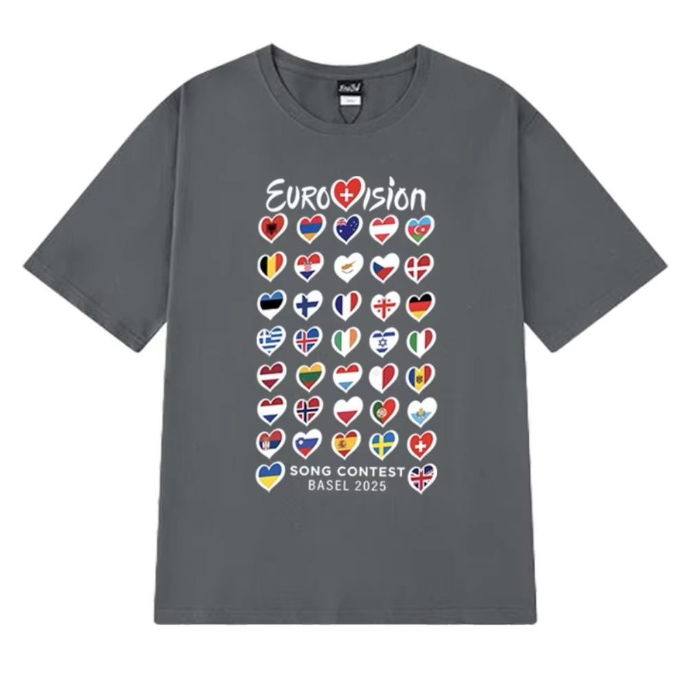 Summer Fashion Eurovision Song 2025 Flags printed T Shirt New Unisex Oversized short sleeve T-shirts Unisex 100%  clothing