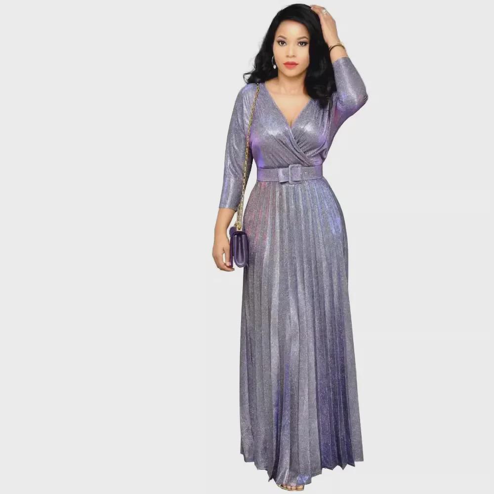 Moda Inverno 2025 Abito da Donna Plissettato con Stampa Oro Maniche Lunghe Gonna Ampia con Cintura Rosa Brillante