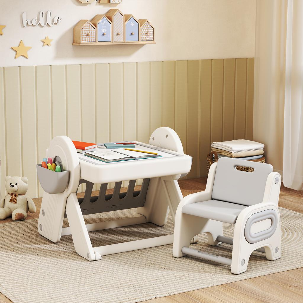 Multipurpose Children's Table with Storage Shelf and Drawers, In HDPE and PP, Grey and White