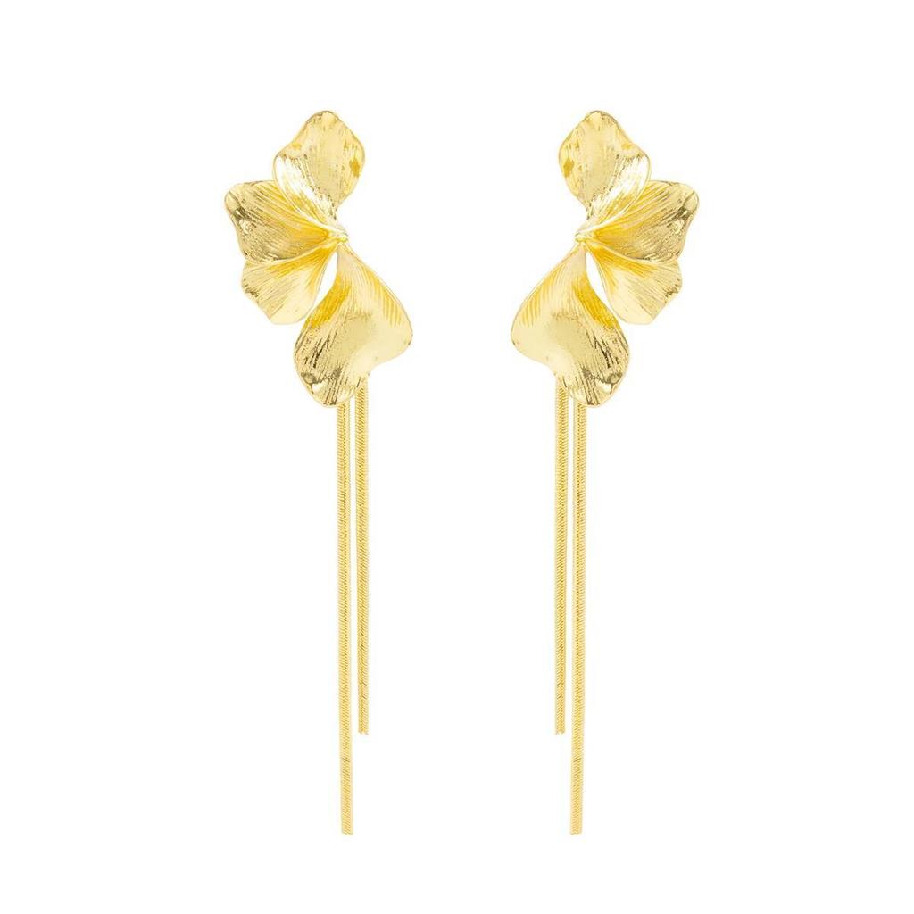 Salircon New Elegant Gold Color Flower Long Tassel Pendant Earrings Women Fashion Simple Metal Piercing Ear Banquet Jewelry Gift
