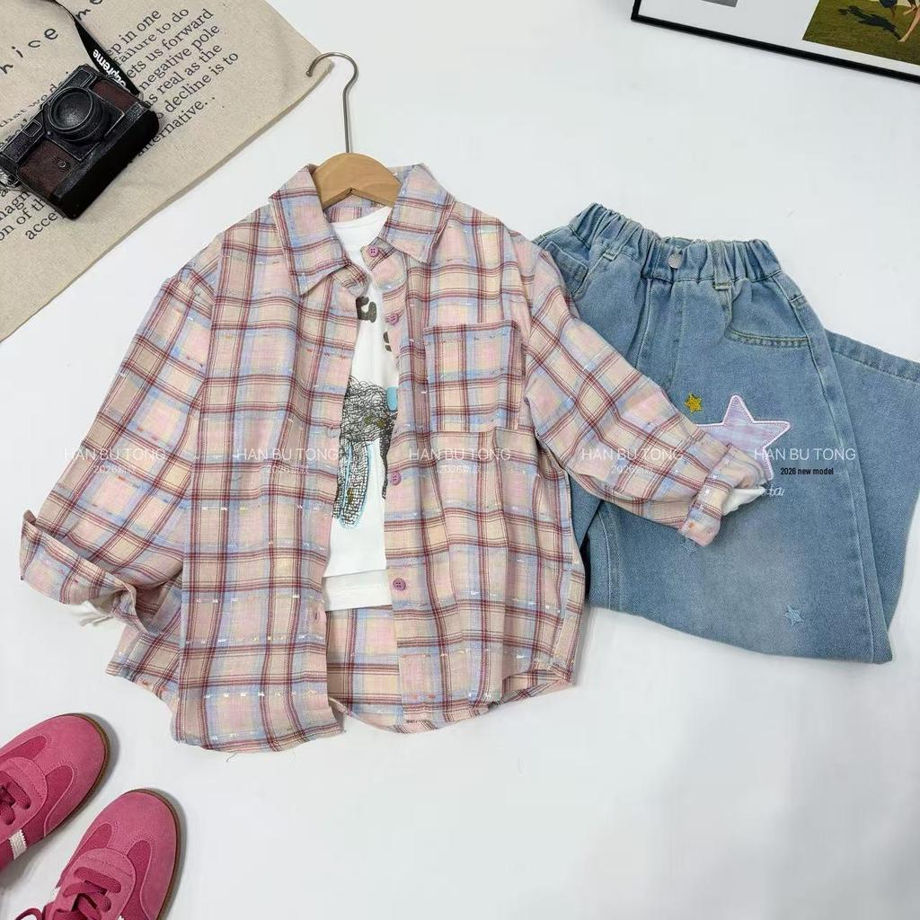 Girls' Plaid Shirt & Star Jeans Set - Stylish Korean Spring/Autumn Wear 2026