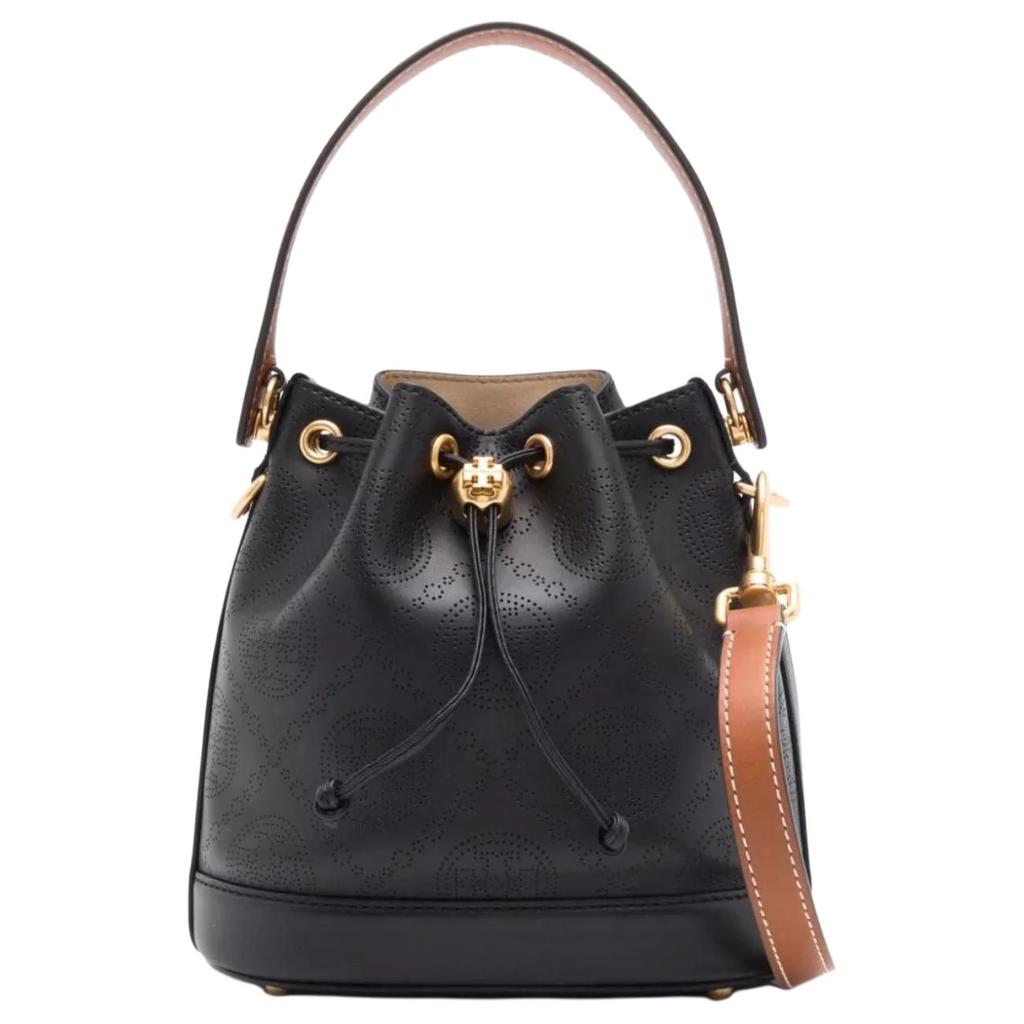 Tory Burch T Monogram Double T Logo Quilted Perforated Detachable Shoulder Strap Drawstring Leather Bucket Bag Women Bags Black 151791-001