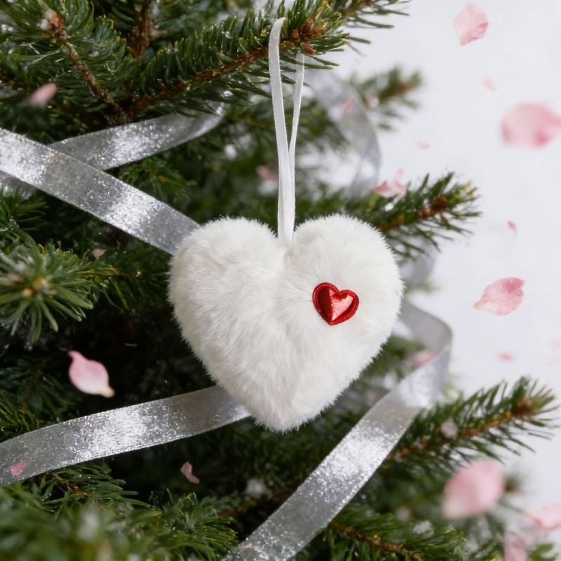 2Pcs Furry Heart Shaped Ball Ornament Christmas Tree Ball Hanging Decoration For Wedding Valentine's Day Festival