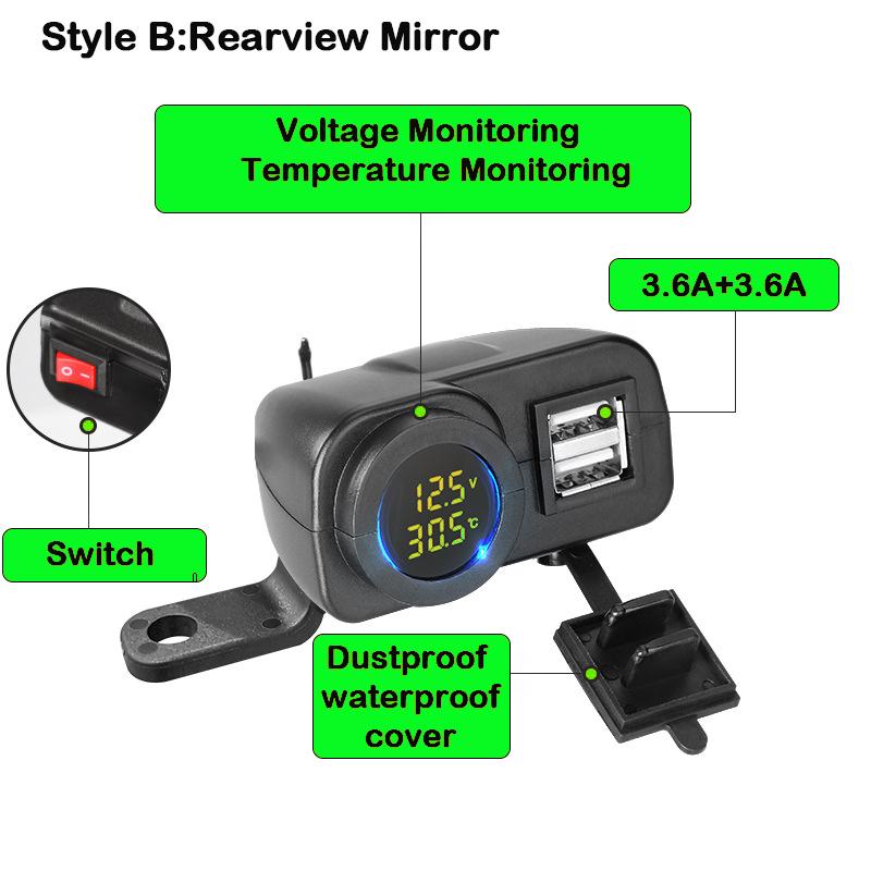 Nabíječka telefonu na motorku Digitální displej 36W QC3.0 Duální USB Rychlá nabíječka Adaptér voltmetru a teploměru pro mobilní telefon