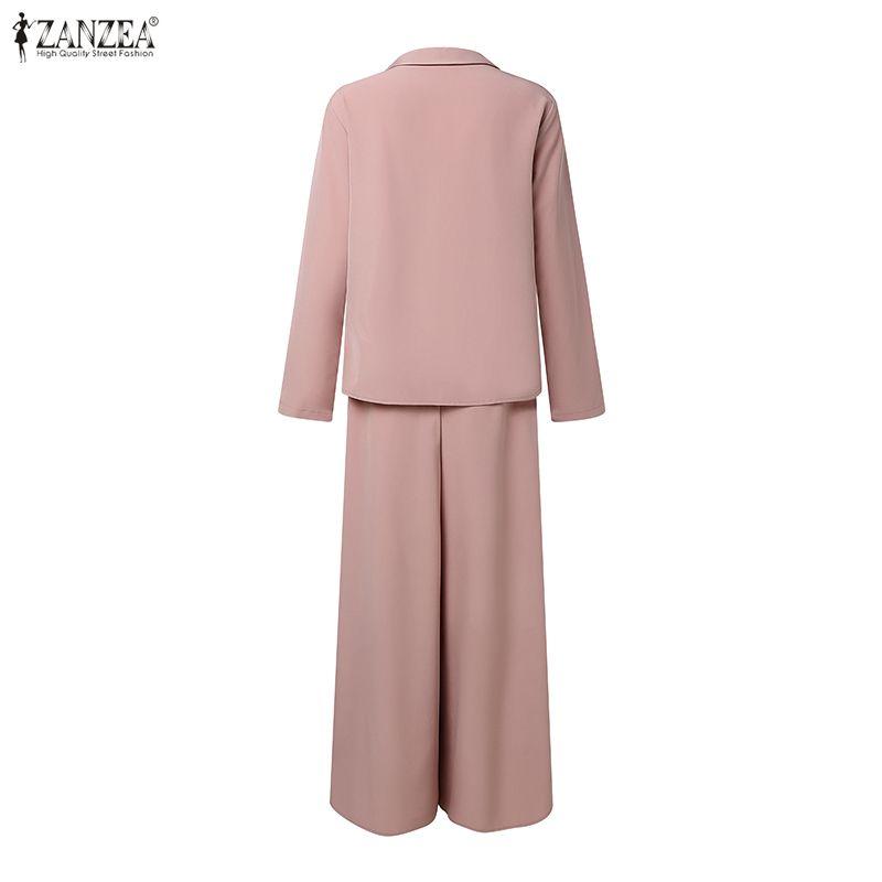 ZANZEA Damska Bluzka z Długim Rękawem i Spodnie z Szerokimi Nogawkami Casualowe Dwuczęściowe Zestawy