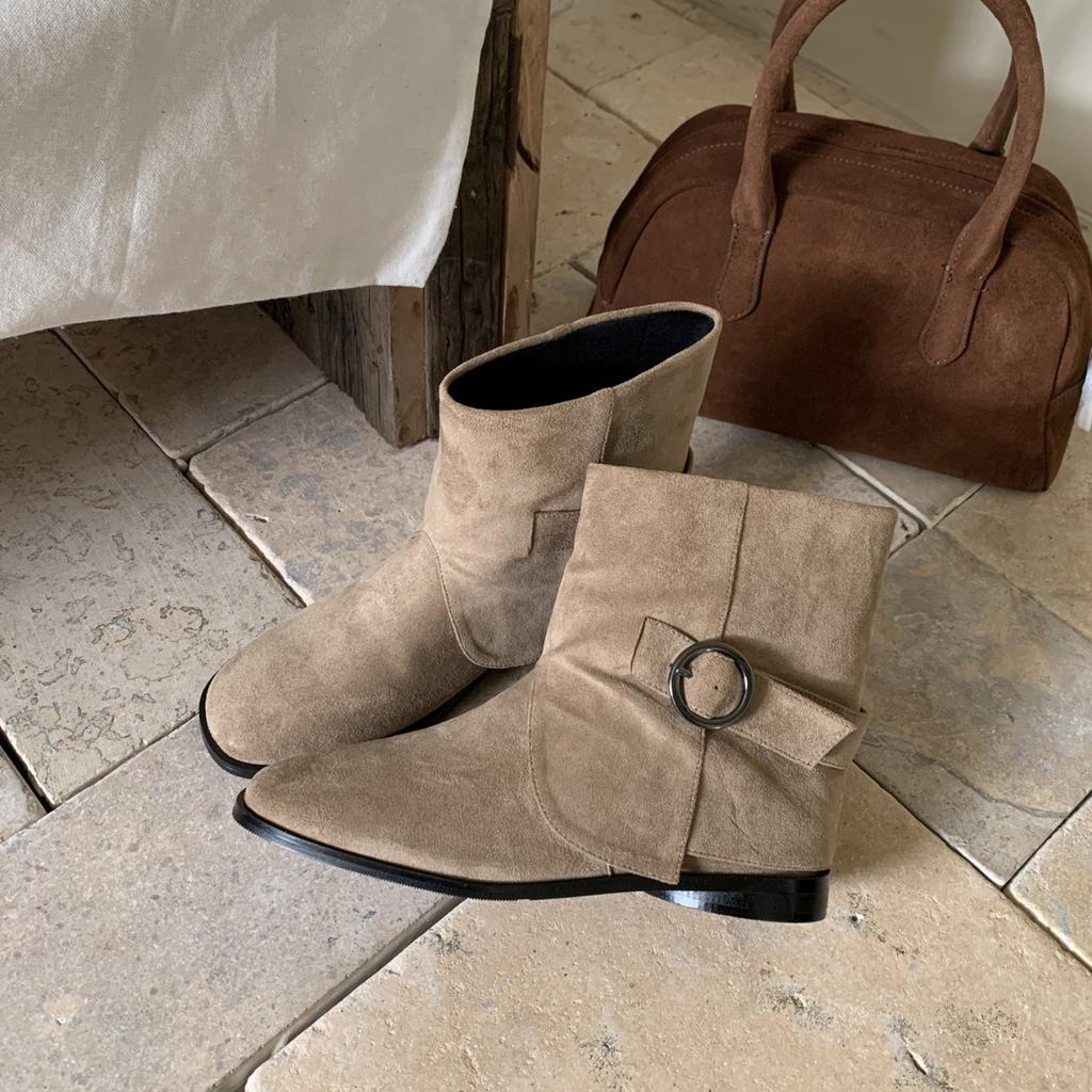 2025 autumn new round head suede thin low tube belt buckle short boots versatile thick heel foot cover western cowboy bare boots