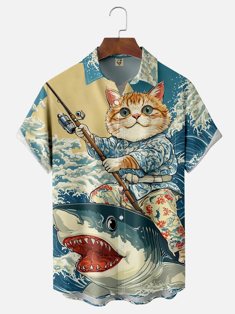 Retro Men's Short Sleeve Shirt Summer New Casual Fun Hawaiian Ukiyoe Kitten Fishing Shark Print Lapel Short Sleeve Shirt