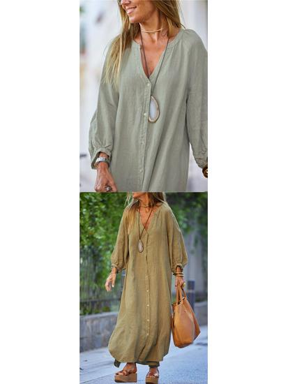 New Women's Cotton Linen Long Sleeve Cardigan Dress for Autumn and Winter