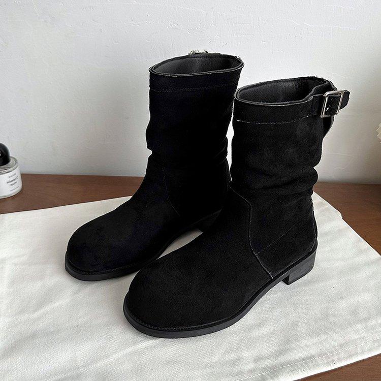 

[youshilai] Flat-bottomed short boots for women 2025 new autumn and winter stacking boots round head sleeve medium boots for women 35