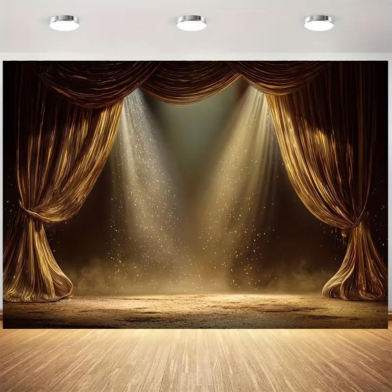 2D Golden Stage Curtain Photography Backdrop, Theatre Curtain with Spotlight & Glitter Background Cloth