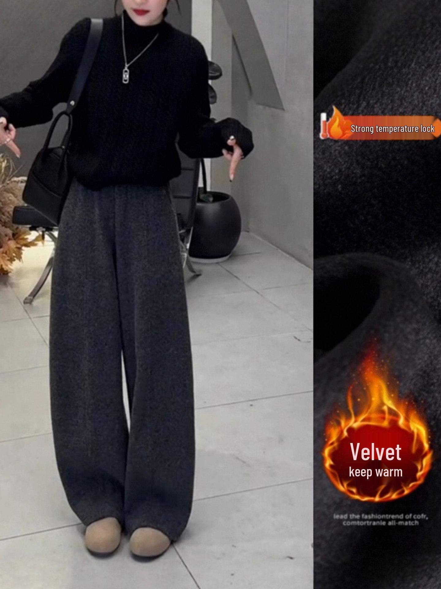 Plus Size Korean-Style Fleece-Lined High-Waisted Wide-Leg Pants for Women S