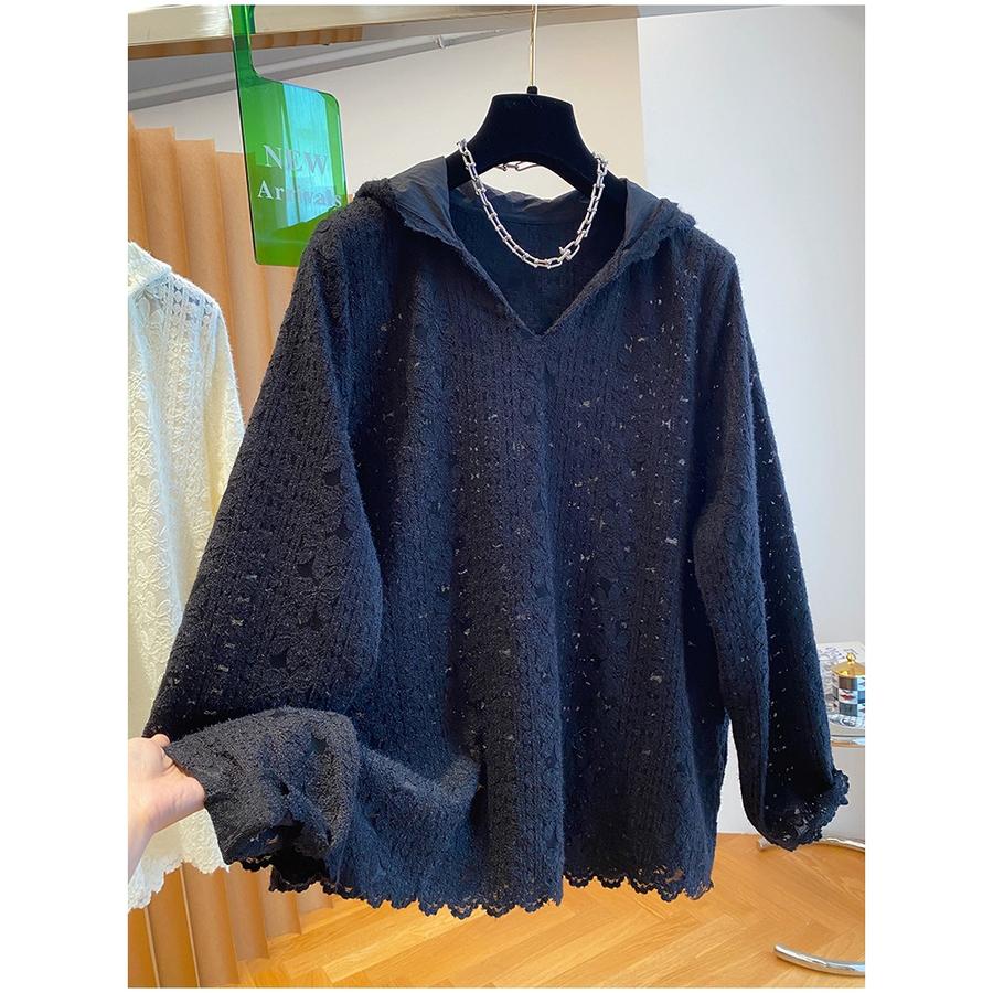 Herbst Neuer Stil Gepufftes Spitzen-Langarm-T-Shirt Damen Locker Kapuze Lässiges Outfit Oberteil