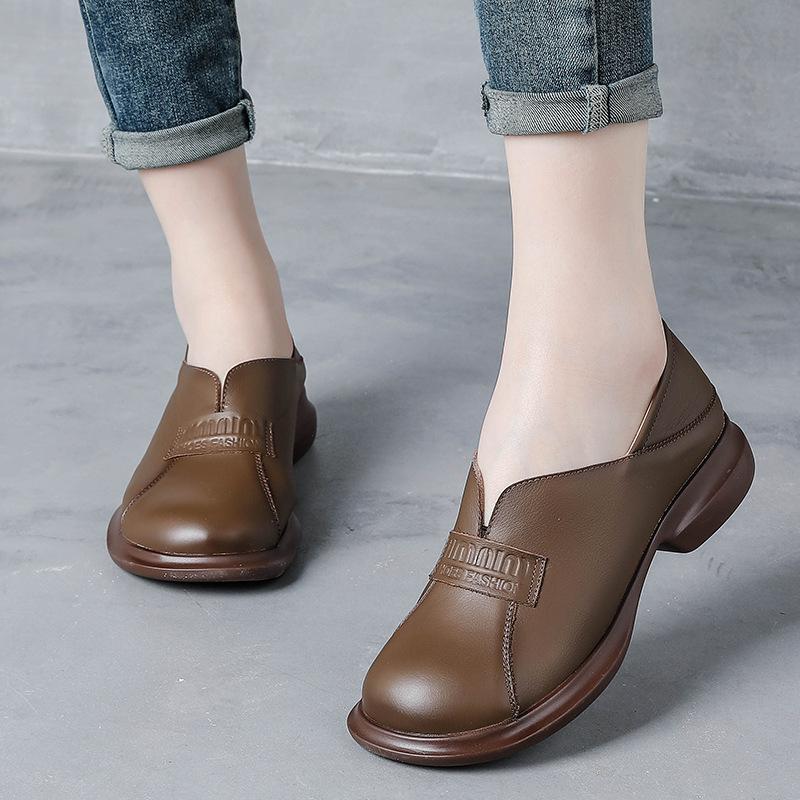 Round Head Wide Feet Women's Shoes Retro British Style Leather Shoes Thick Heel Single Shoes Genuine Leather Middle-aged Women's Shoes