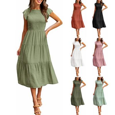 Women's Fly-sleeve Fly-sleeve Pleated Layered Short Sleeve Dress with Large Swing