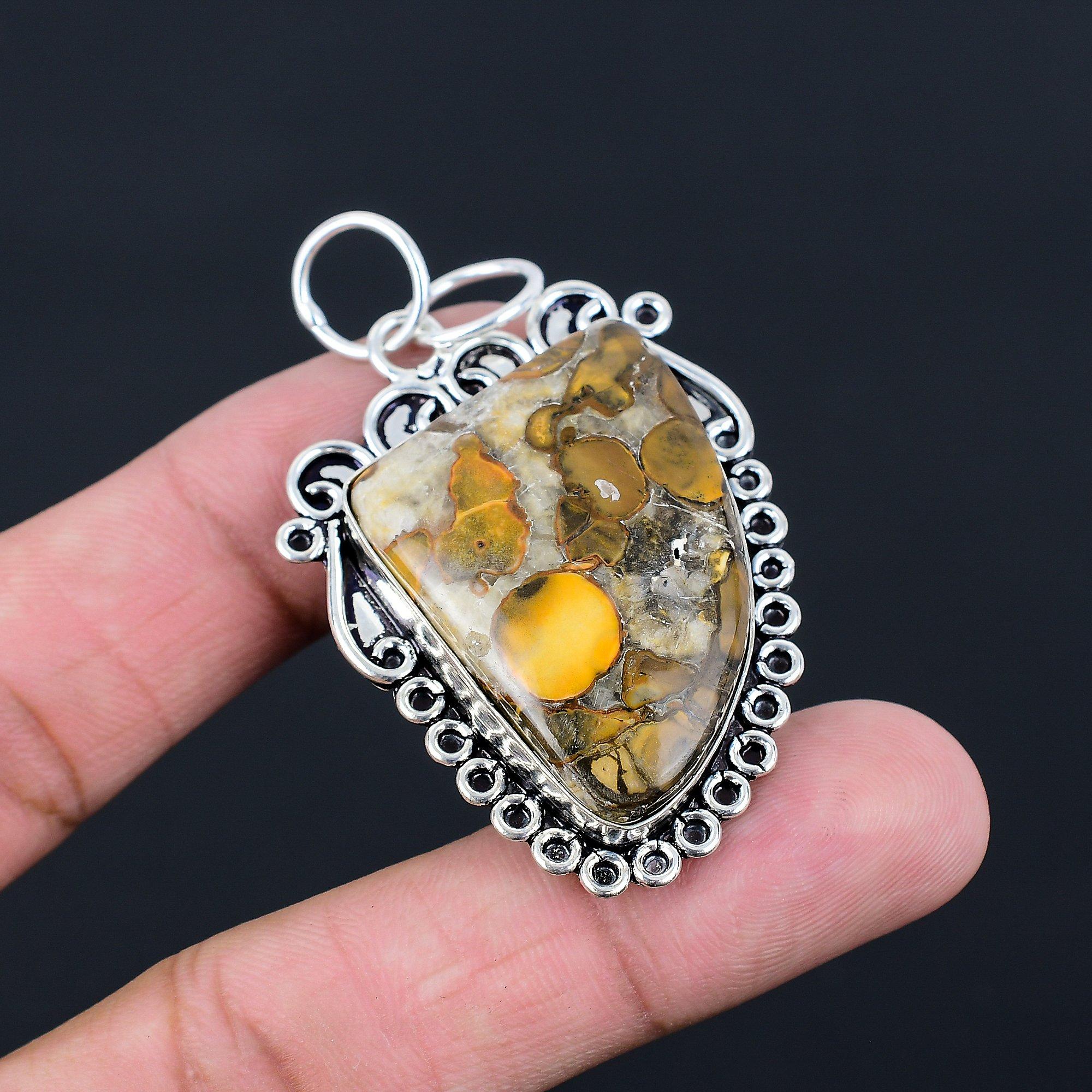 Natural Cobra Jasper Gemstone Pendant Yellow 925 Sterling Silver Indian Jewelry