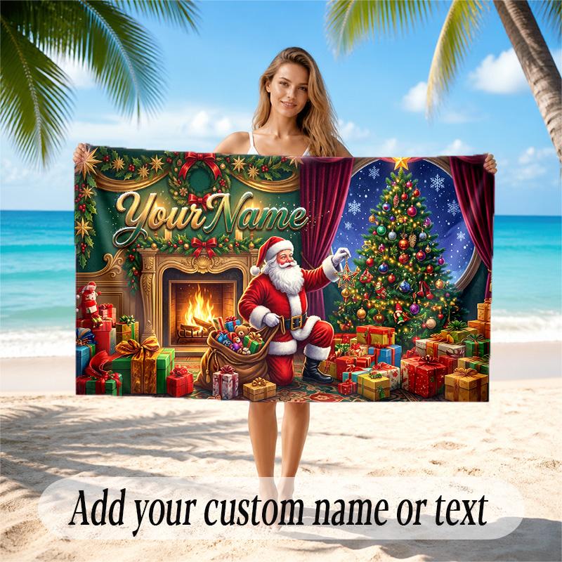 Christmas Theme Quick Dry Beach Towel Custom Name Text Print Large Sand Resistant Towel Beach Vacation
