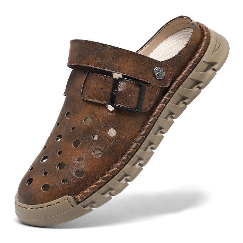 Men's Clogs Outdoor Sandals Closed Toe Leather Sandals Athletic Strap Adjustable Loafers Outdoor Beach Shoes Breathable Non Slip