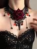Vintage style dark red rose long fringed necklace goth black lace collarbone chain collar