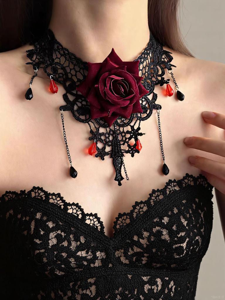 Vintage style dark red rose long fringed necklace goth black lace collarbone chain collar