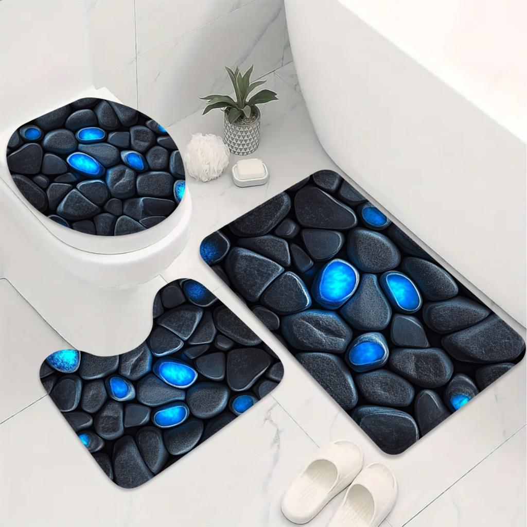 1/4Pcs Bathroom Shower Curtain Set  Blue Glow Stone Print Bathroom Curtain With 12 Hooks Non Slip Rugs Toilet Cover Mat Bathroom Partition