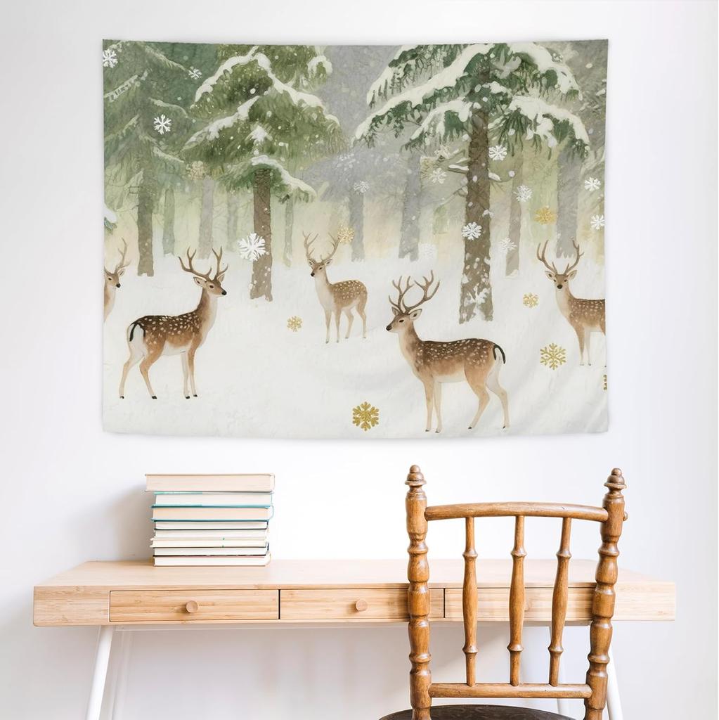 Winter Christmas Deer Tapestry,Rustic Christmas Wall Tapestry For Bedroom, Winter Snowy Forest Xmas Deer Tapestries Wall Hanging