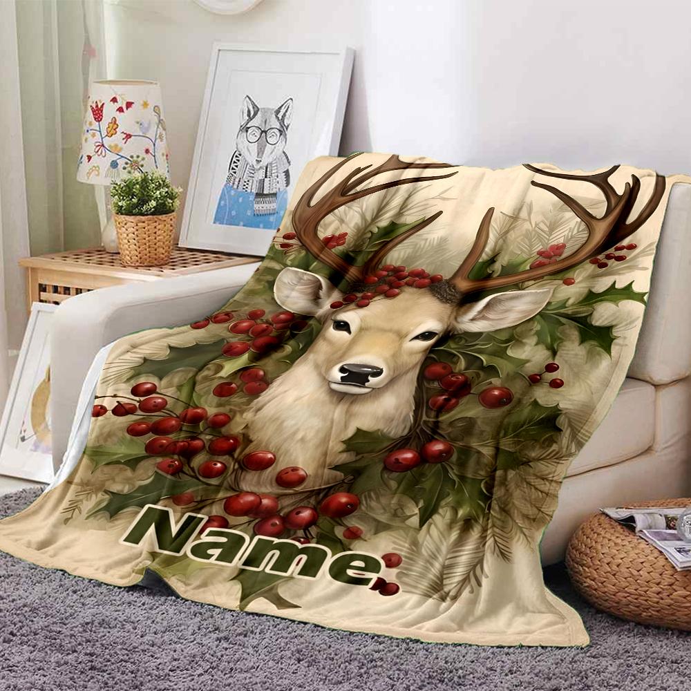 Custom Name Christmas reindeer Theme Printed Blanket - Perfect for Couch, Bed, Travel & Outdoor Use | Machine Washable, Cozy & Durable.