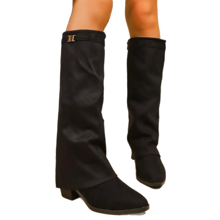 European and American style pointed high-heeled trouser boots women's winter 2025 new suede mid-tube boots thick-heeled sleeve boots