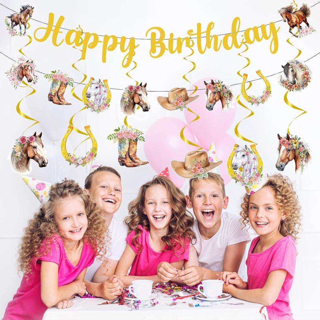 Horse Themed Birthday Party Decorations - NOVBAUB 21PCS Cowgirl Happy Birthday Party Decorations Banner Hanging Swirls Western Cowgirl Hat Boots