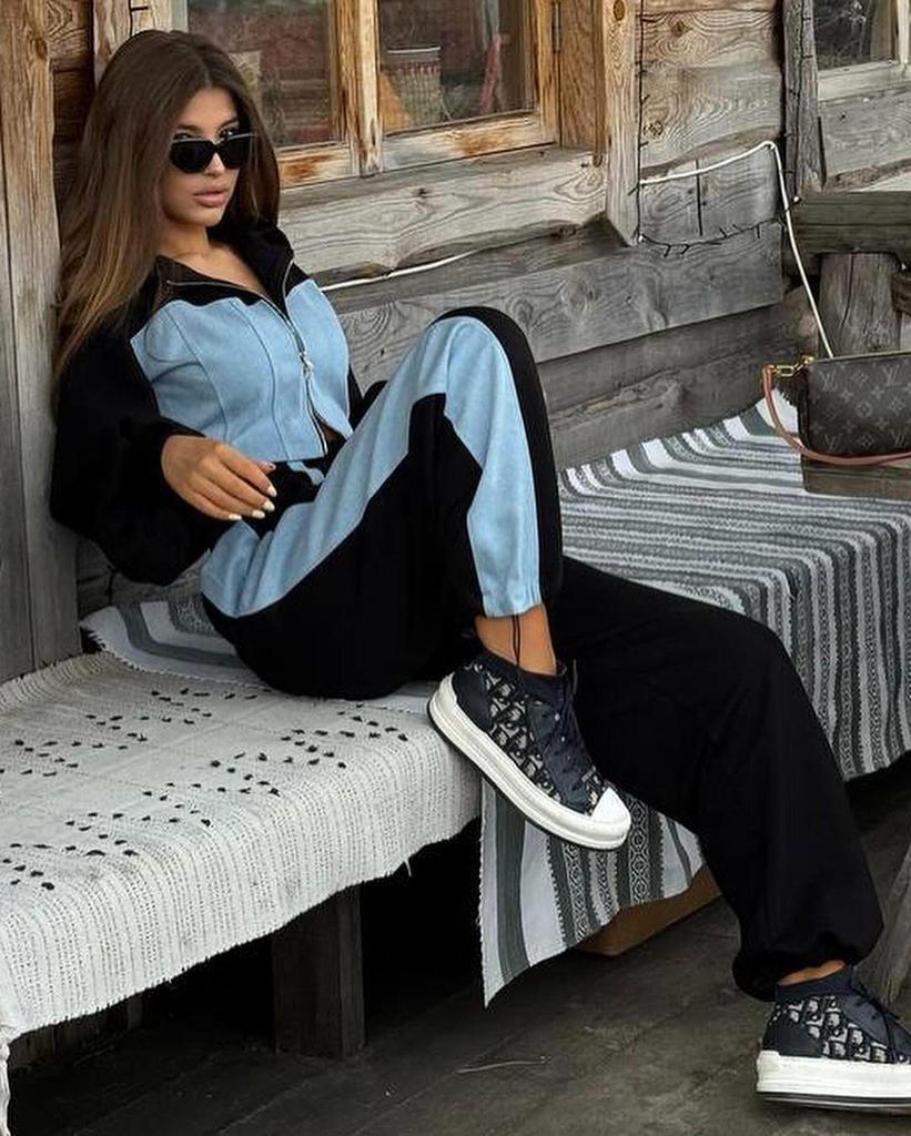 Women's European and American Style Patchwork Hooded Sweatshirt and Pants Set
