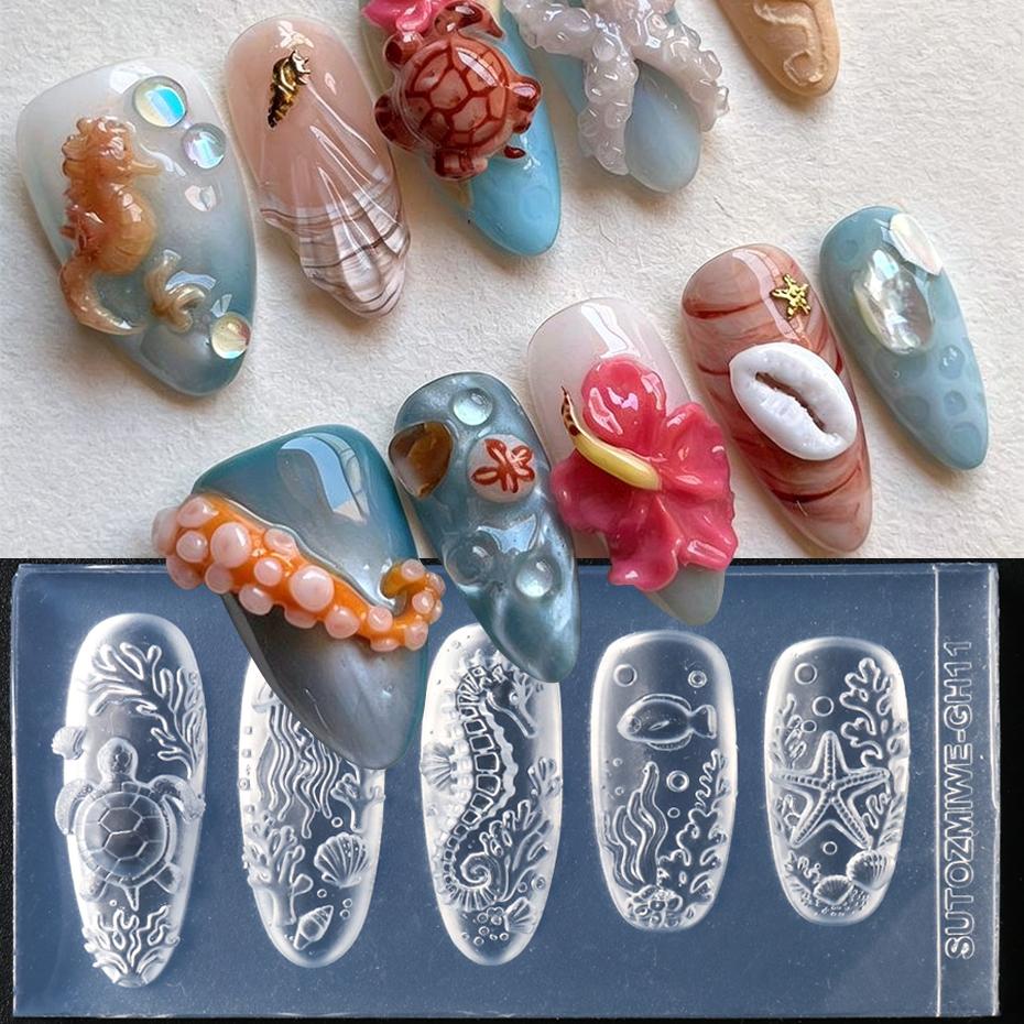 Xiaomi 3D Ocean Style Silicone Nail Art Mold Starfish, Jellyfish, Turtles, Coral, Seahorses Marine Life Patterns Nail Mold Nail Tools
