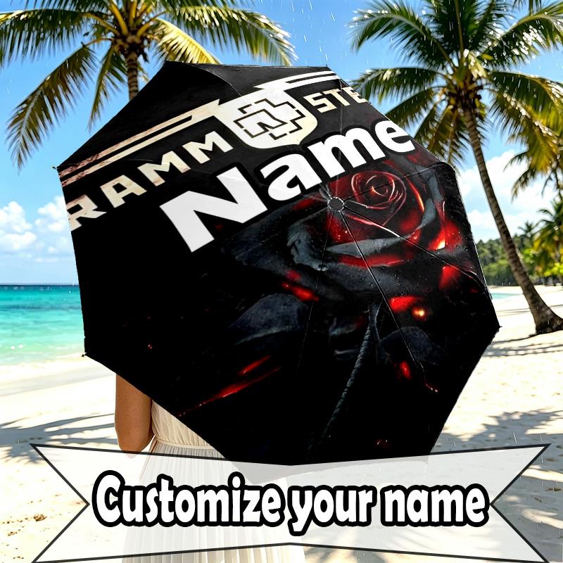 Custom Name Personalized Rammstein Print Umbrella, Auto Open Close, 8‑Rib Sturdy Frame, Commute Camping Hiking Use, Birthday Gift