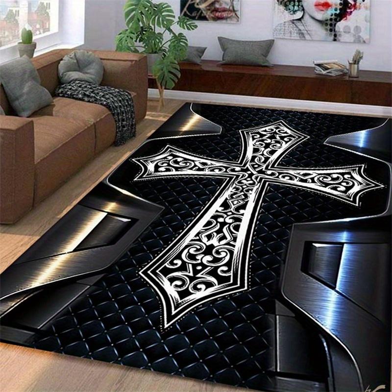 Modern Metal Cross Print Rug - Non-Slip Rectangle Mat for Living Room Bedroom Kitchen Indoor Outdoor, Contemporary Decor Mat