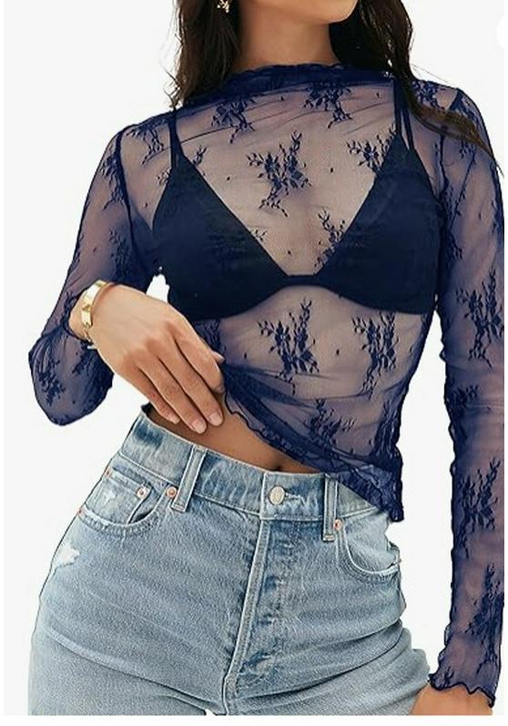 Women's Mesh Lace Layered Stand Collar See-through Top.