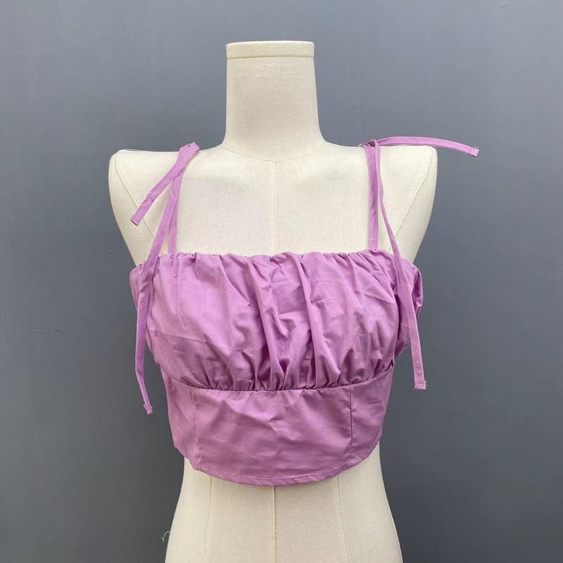

Fashion Export Women s Cotton Tied Spaghetti-Strap Elastic Pure Color off Shoulder Slim-Fit Super Short Inner Wear Base Pleated Tube Top Purple M