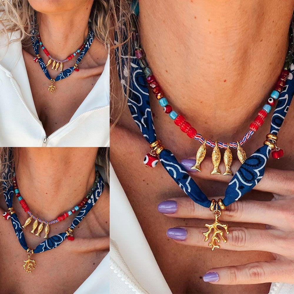 Bohemian Cloth Wrap Scarf Necklace Stainless Steel Charm Pendant New Beach Jewelry