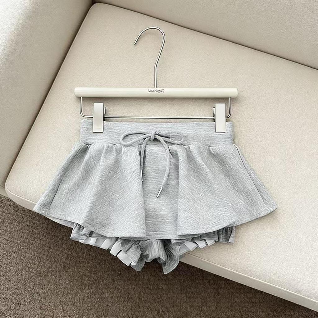 Gray High-Waist A-Line Fluffy Mini Skirt with Drawstring - Women's Spring/Summer Versatile Skirt Pants