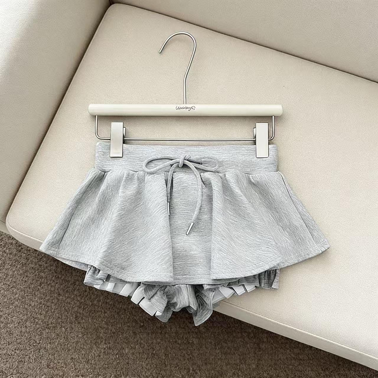 

Gray High-Waist A-Line Fluffy Mini Skirt with Drawstring - Women s Spring/Summer Versatile Skirt Pants Large серый