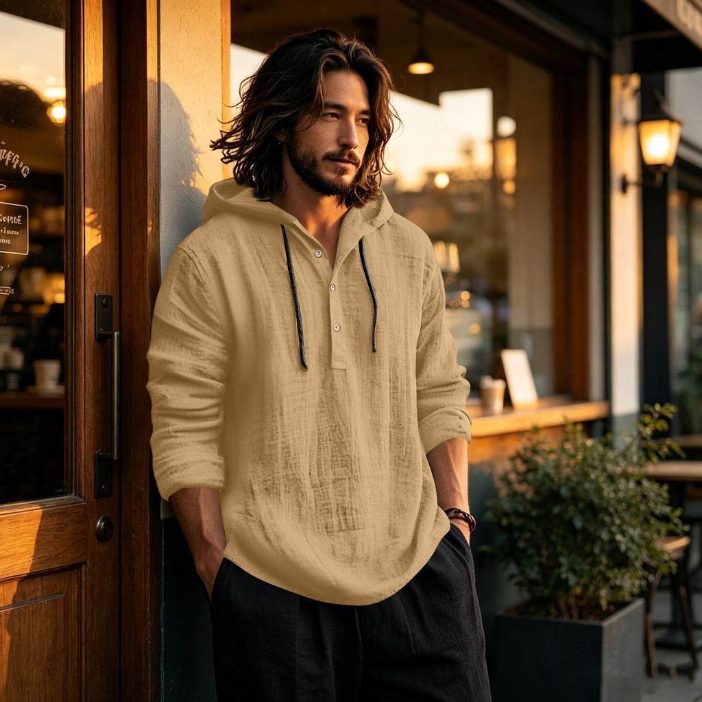 Men's Linen Cotton Hoodie Long Sleeve Casual Pullover