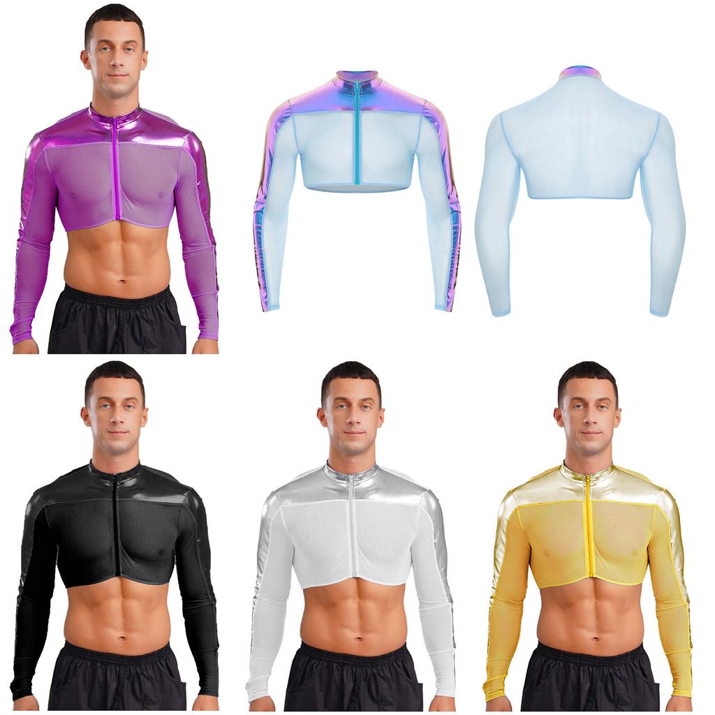 Men Mesh See Through Top Crew Neck Long Sleeve Front Zipper Half Shirt Breathable Metallic Club Top