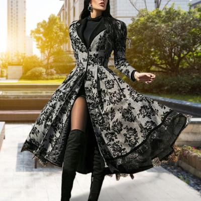 Long Sleeve Waist Tight Gothic Party Dress Lace Stitching Hem Floral Print Vintage