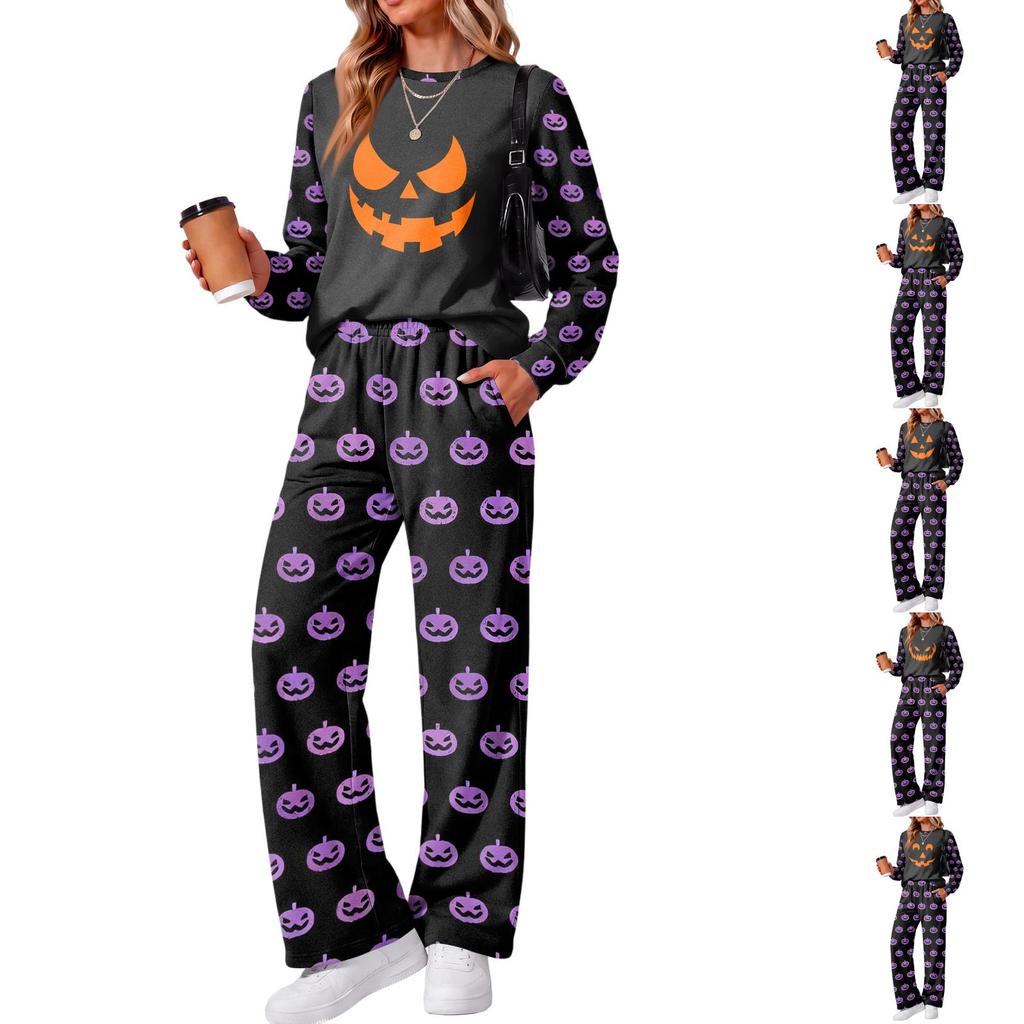 Women's Casual Loose Fit Crewneck Halloween Print Sweatshirt and Pants Set