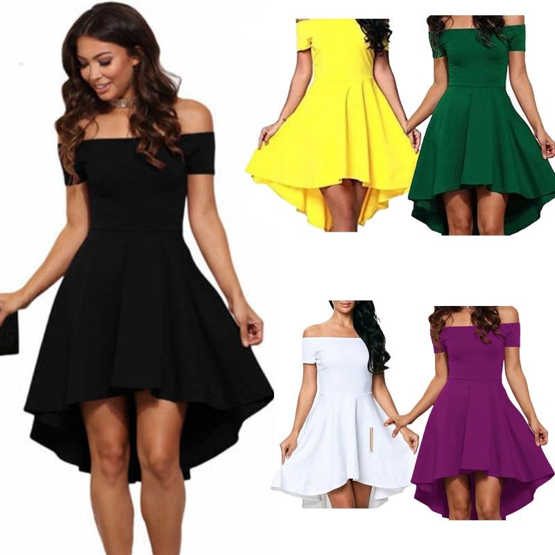Elegant Women Short Sleeve Off Shoulder High Low Skater Cocktail Formal Dress
