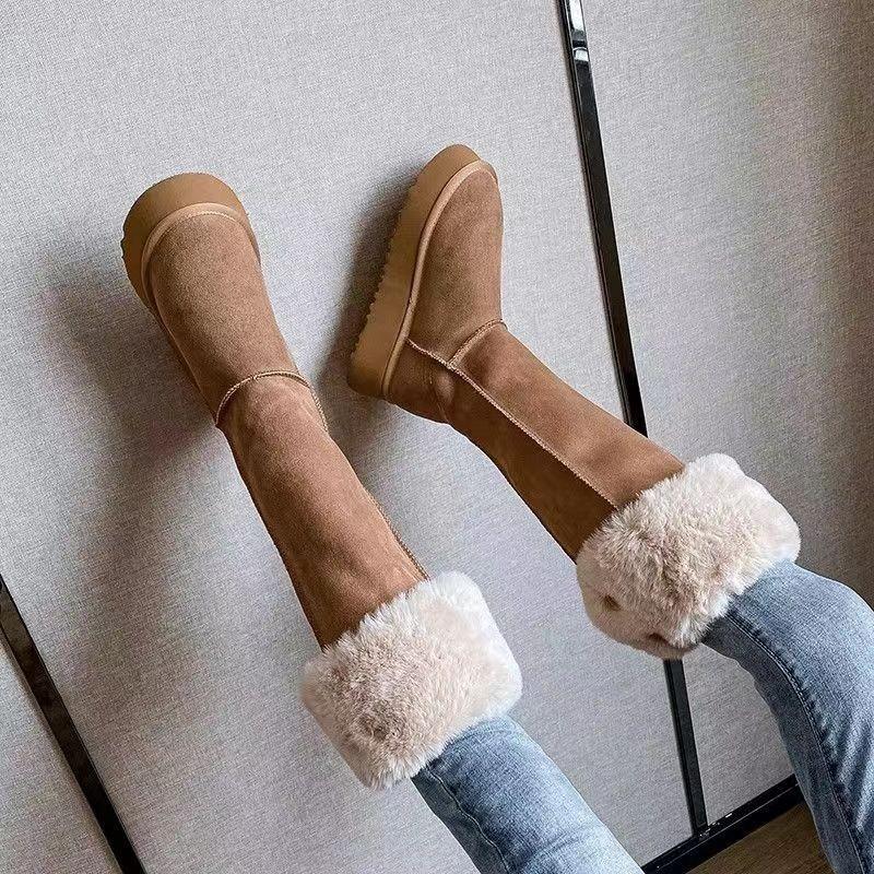 Fashion 2024 High Quality Round Toe Mid Heel Concise Women's Boots Turned-over Edge Knee-high Snow Boots Flat with Slip-on Ladies Shoes