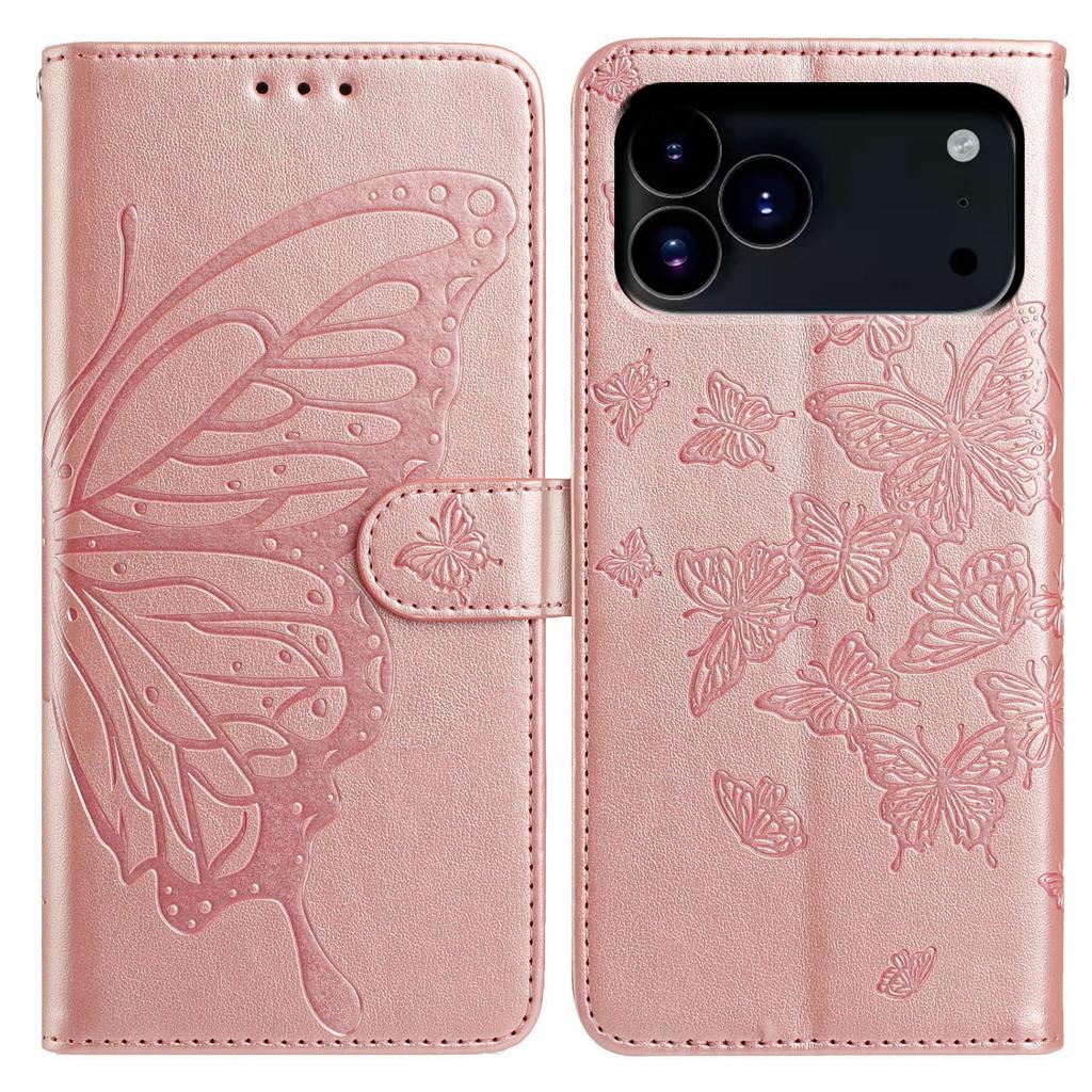 For iPhone 17 Pro Case Butterfly Imprinted Wallet Stand PU Leather Flip Phone Cover with Strap